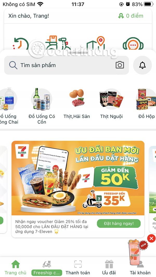 Menu sản phẩm trên app 7-Eleven