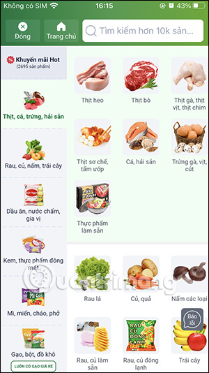 Giao diện danh mục sản phẩm Bách Hóa Xanh