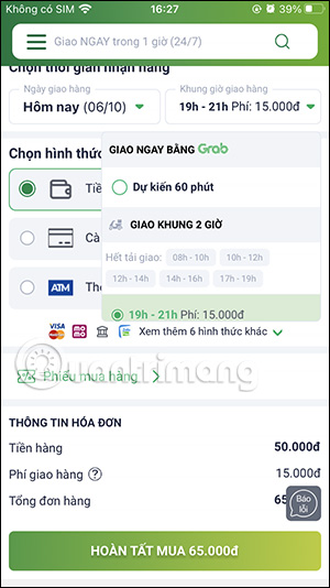 Chọn thời gian giao hàng trên Bách Hóa Xanh