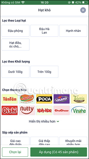 Bộ lọc sản phẩm trên Bách Hóa Xanh