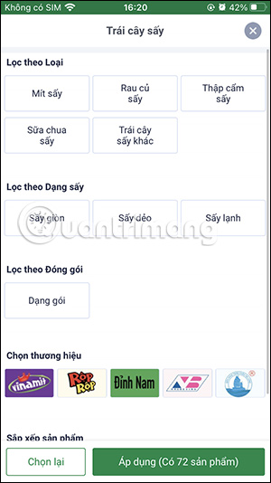 Tìm sản phẩm qua bộ lọc Bách Hóa Xanh