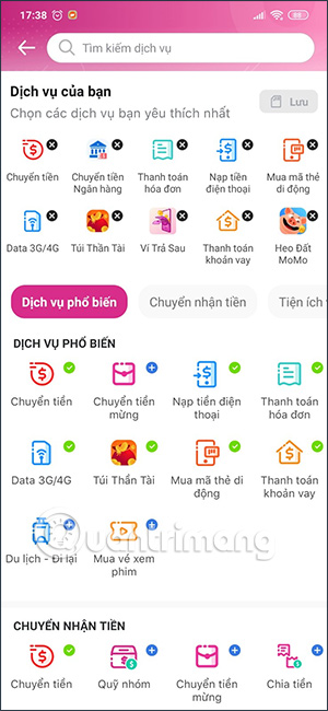 Giao diện dịch vụ ví MoMo