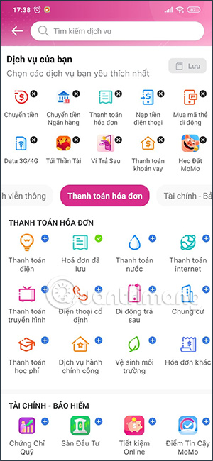 Dịch vụ hóa đơn ví MoMo