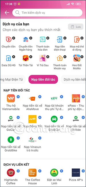 Dịch vụ nạp tiền ví MoMo