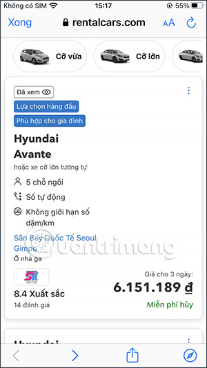 Thông tin thuê xe trên Skyscanner