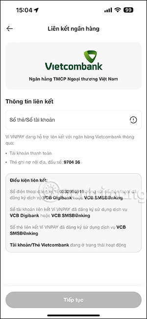 Nhập thông tin tài khoản ngân hàng VNPAY
